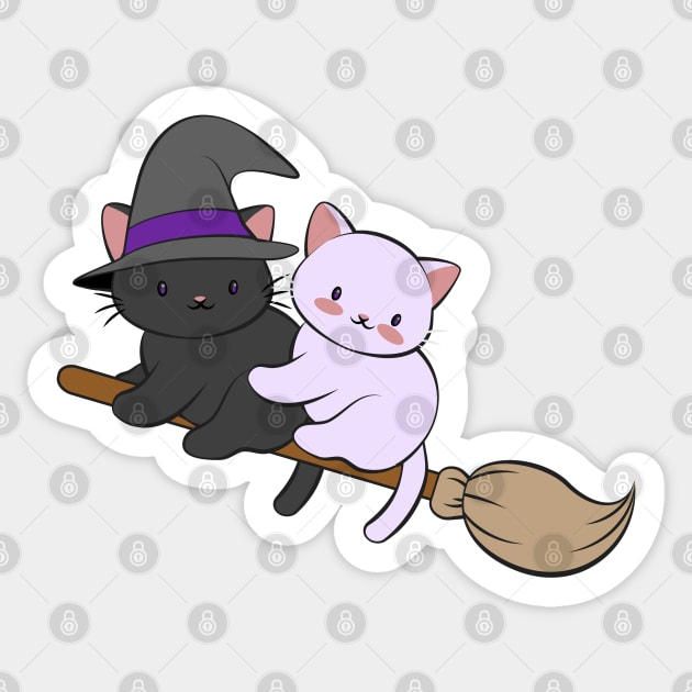 Kawaii Cats on Broomstick - Magical Halloween Sticker by Irene Koh Studio